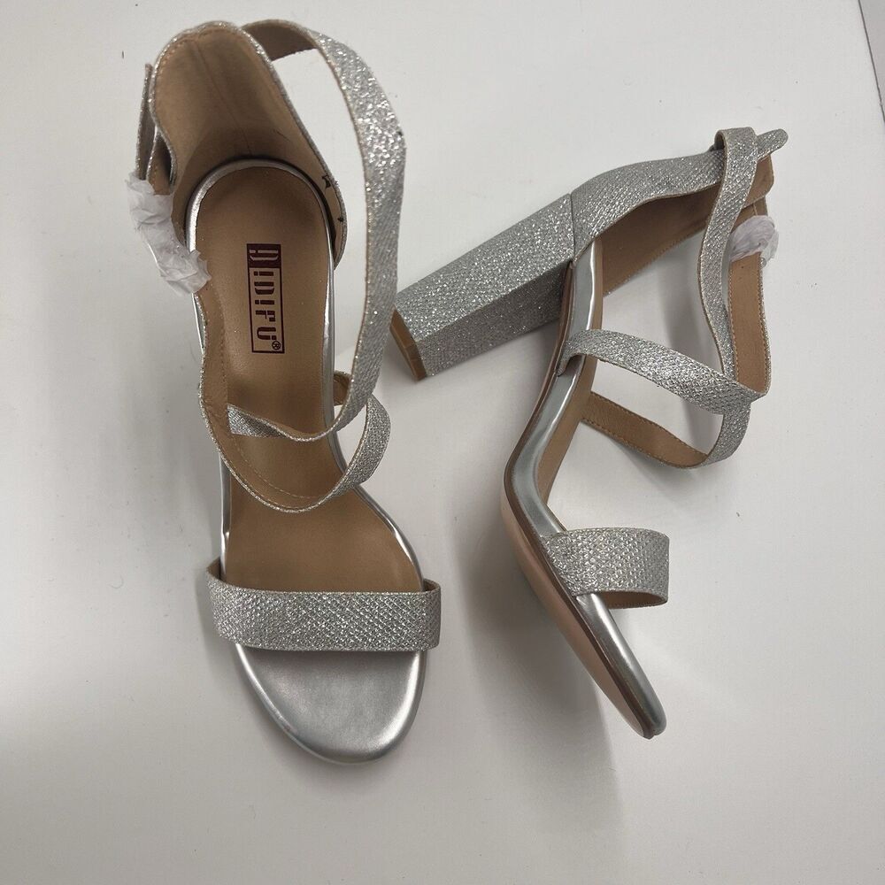 IDIFU Women's Chunk Heel Silver Glitter Open Toe Sandals Sz 8 NWOB